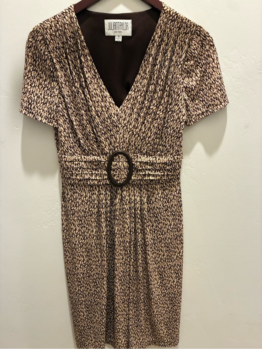 Julian Taylor Brown & Cream V-Neck Belted Dress